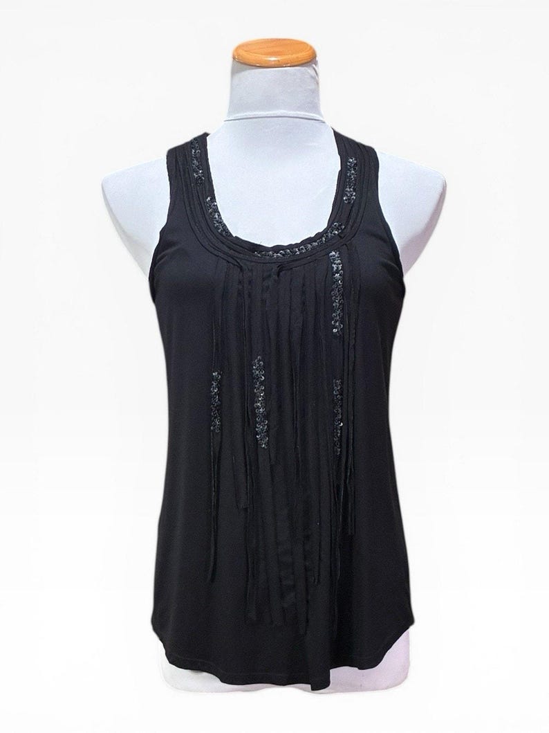 BCBG Black Sleeveless Top, Fringe Front and Back Round Neckline Sequin Detail imagen 1