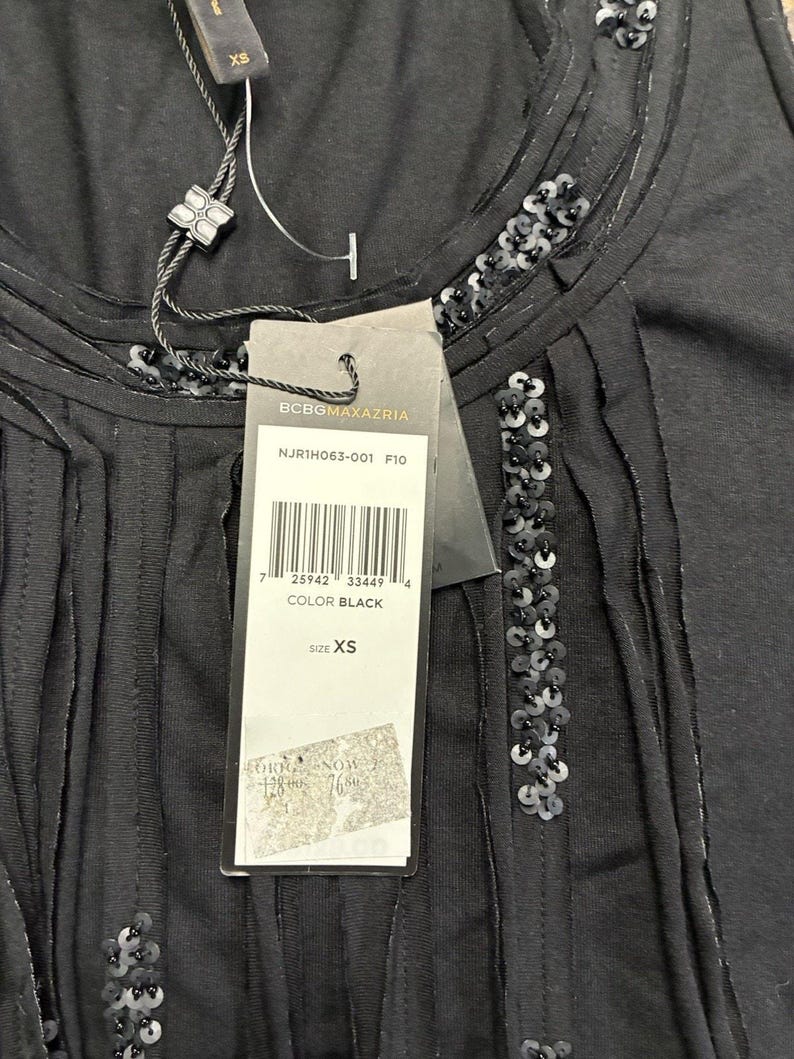 BCBG Black Sleeveless Top, Fringe Front and Back Round Neckline Sequin Detail imagen 11