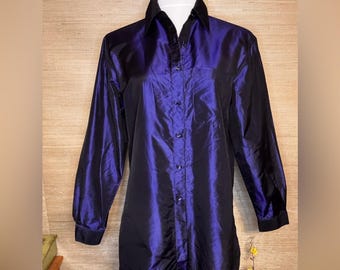 Elegant Satin Blouse in Deep Purple and Black, vintage 90s vibes.