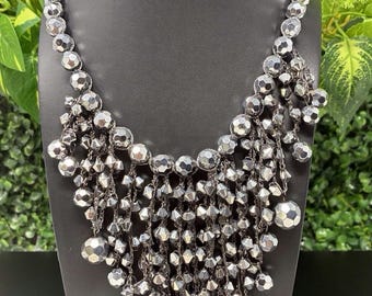 Statement Gunmetal Beaded Fringe Bib Necklace Faceted Silver Tone Boho Glam