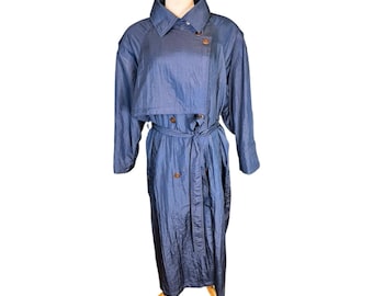 Vintage 1980s Blue Crinkle Nylon Trench Coat Women 6P Double Breasted Belted