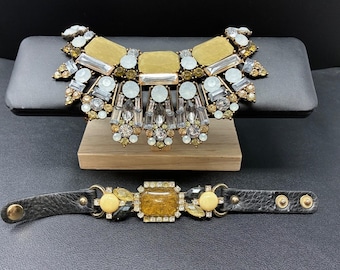 Statement Rhinestone Bib Necklace & Leather Cuff Bracelet Gold Crystal Set