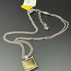 Brighton Silver Gold Tone Pendant Necklace Square Scroll Medallion Adjustable image 4