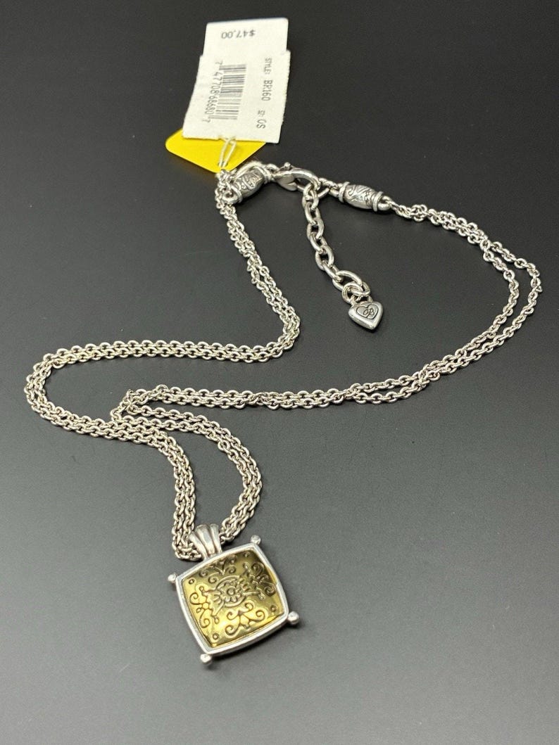 Brighton Silver Gold Tone Pendant Necklace Square Scroll Medallion Adjustable image 4