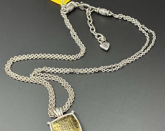 Brighton Silver Gold Tone Pendant Necklace Square Scroll Medallion Adjustable
