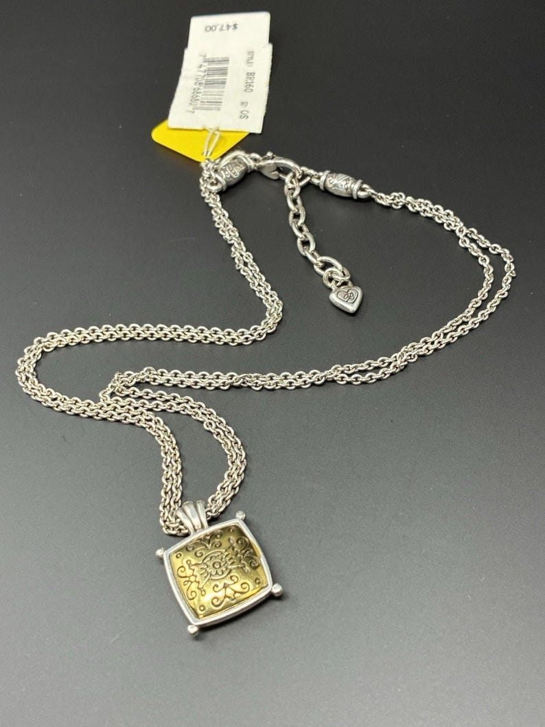 Brighton Silver Gold Tone Pendant Necklace Square Scroll Medallion Adjustable image 1