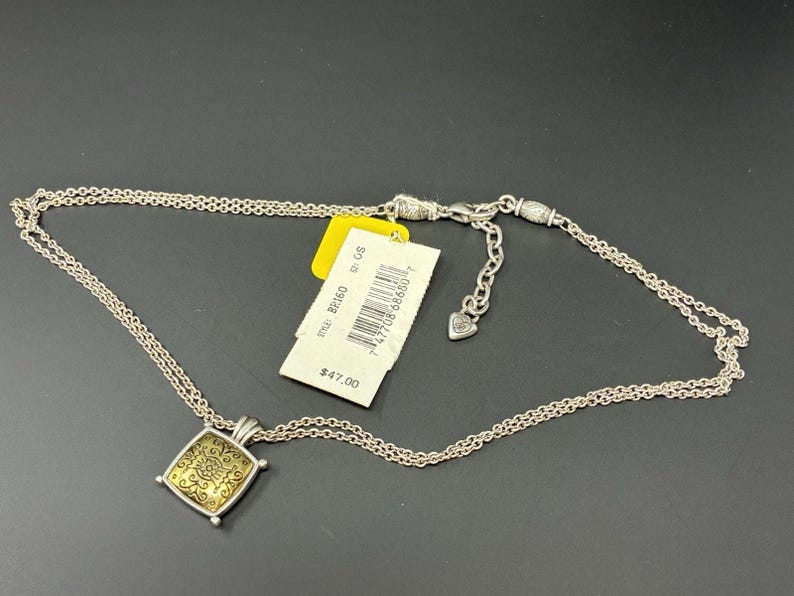 Brighton Silver Gold Tone Pendant Necklace Square Scroll Medallion Adjustable image 3
