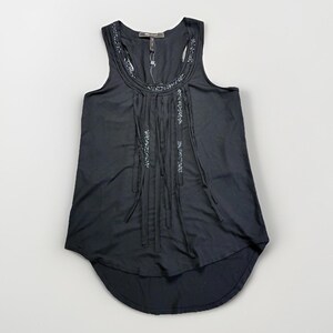BCBG Black Sleeveless Top, Fringe Front and Back Round Neckline Sequin Detail imagen 9