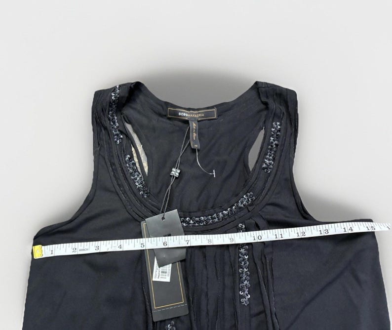 BCBG Black Sleeveless Top, Fringe Front and Back Round Neckline Sequin Detail imagen 8