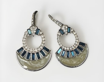 Leah Sophia Art Deco Style Earrings, Signed, silver And Royal blue rhinestones.