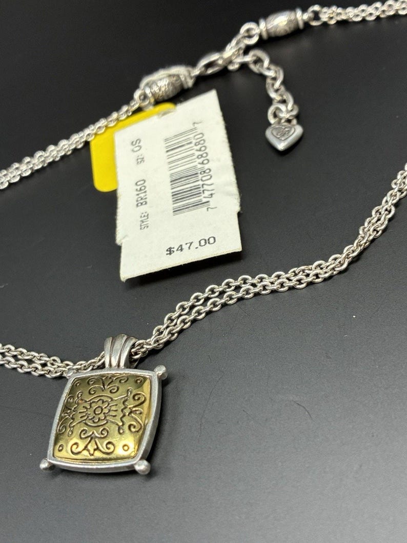 Brighton Silver Gold Tone Pendant Necklace Square Scroll Medallion Adjustable image 2