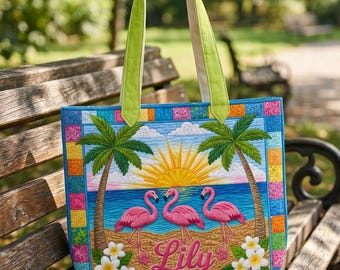 Borsa tote trapuntata con fenicottero rosa, borsa a tracolla con fiore di ibisco tropicale, ideale per le vacanze estive e i viaggi.