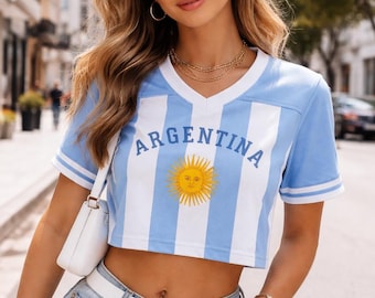Argentina Crop Top Football Jersey, Argentina Blue White Striped Crop Top Shirt, Argentina Crop jersey top, Argentina crop top