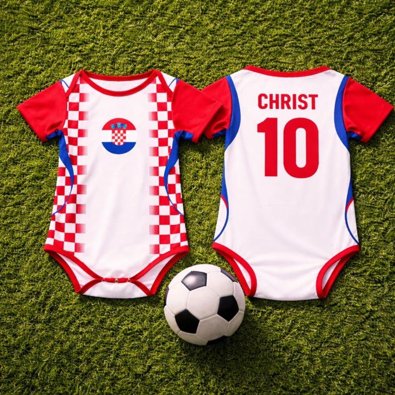 Puede incluir: Dos bodies de beb&eacute; blancos y rojos con el dise&ntilde;o de la bandera croata y el nombre "CHRIST" y el n&uacute;mero "10" en la espalda. Un bal&oacute;n de f&uacute;tbol est&aacute; delante de los bodies. Los bodies tienen mangas y ribetes rojos, con detalles en azul.