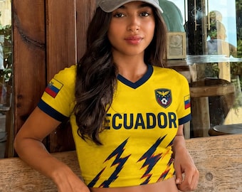 Maglia corta da calcio dell'Ecuador personalizzabile con nome e numero, maglia da donna in rete per tifosi di calcio.