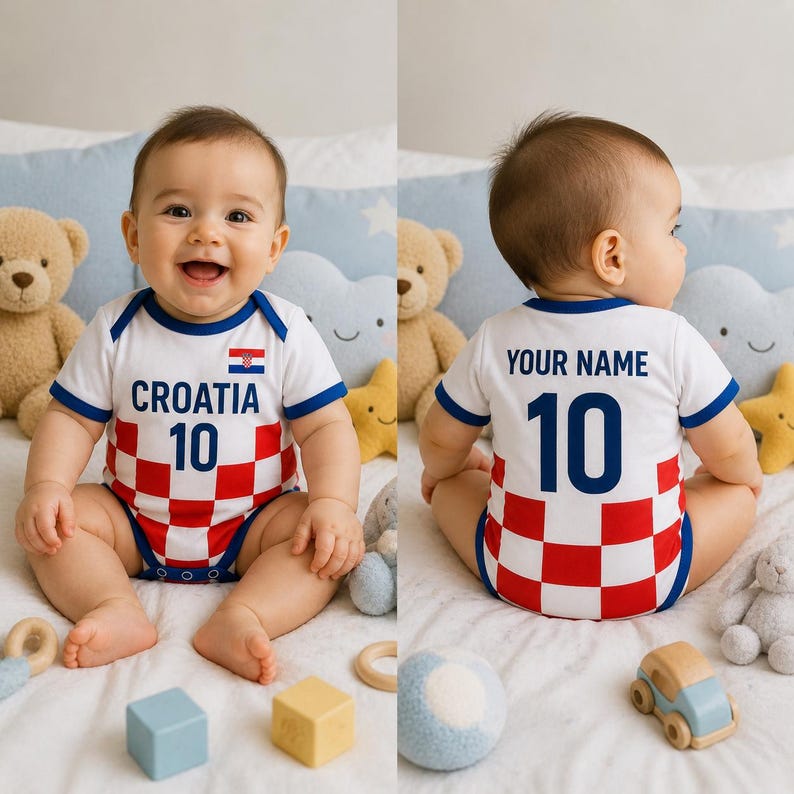May include: A white baby bodysuit with blue trim and a red and white checkered pattern. The front displays "CROATIA 10" with the Croatian flag. The back has "YOUR NAME" and "10". The baby is surrounded by stuffed animals and toys.