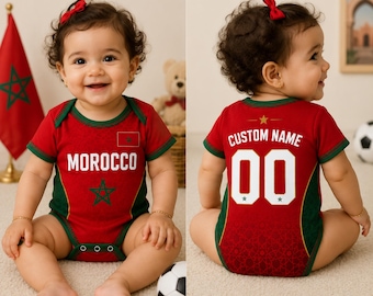 Body per neonati della nazionale di calcio del Marocco, personalizzabile con nome e numero, completo da tifoso 2026