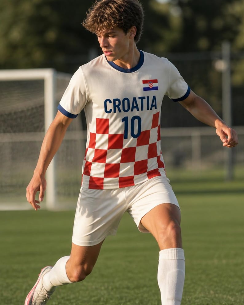 K&ouml;nnte beinhalten: Ein Fu&szlig;balltrikot in den Farben der kroatischen Flagge. Das wei&szlig;e Trikot hat blaue Verzierungen, das Wort "CROATIA" und die Nummer "10" in Blau. Die Shorts sind wei&szlig; und die Socken sind wei&szlig;. Das Trikot wird auf einem gr&uuml;nen Rasen getragen.