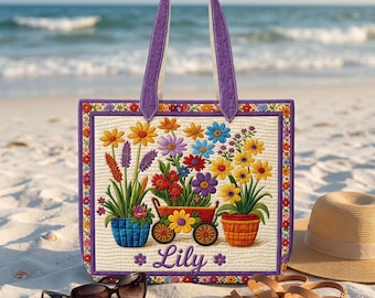 Borsa tote trapuntata personalizzata con nome e fiori selvatici, borsa a mano floreale personalizzata, regalo colorato a tema giardino naturale per donne, regali floreali botanici per lei