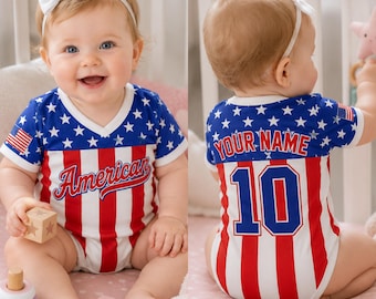 Maglietta personalizzabile per neonati con logo USA, body patriottico, completo con nome e numero.