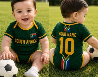 Body per neonati Sudafrica, maglietta personalizzata con nome e numero, completo da tifoso di calcio personalizzato