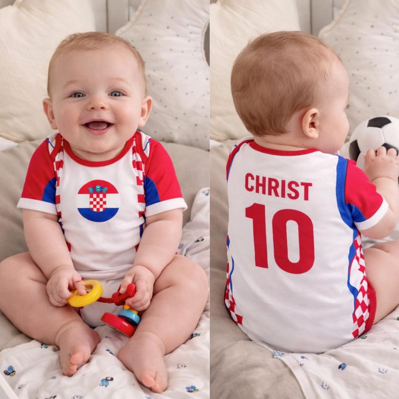 Puede incluir: Un beb&eacute; con un body blanco, rojo y azul con el escudo de armas croata en la parte delantera. La parte trasera del body tiene el nombre "CHRIST" y el n&uacute;mero "10" en rojo. El beb&eacute; sostiene un juguete y un bal&oacute;n de f&uacute;tbol.