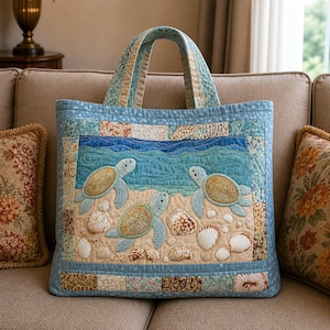 May include: A quilted tote bag depicting a beach scene with three sea turtles, seashells, and ocean waves. The bag has a light blue background with a patchwork design and sturdy handles. The bag is approximately 40 cm wide and 35 cm tall.