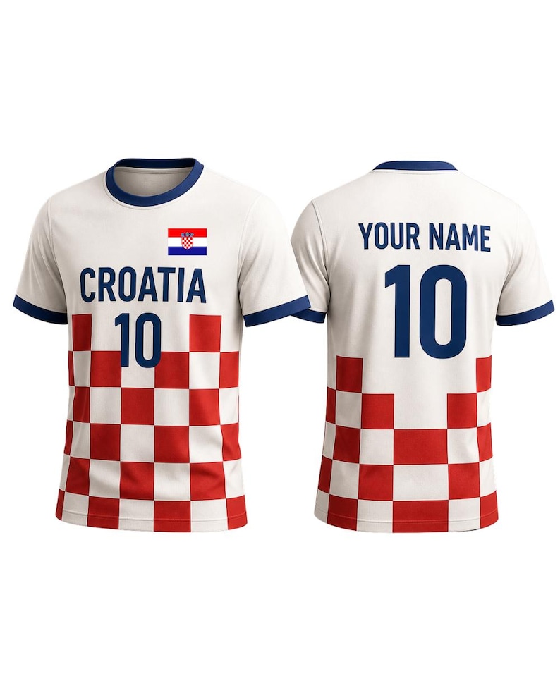 K&ouml;nnte beinhalten: Wei&szlig;es Kroatien-Fu&szlig;balltrikot mit rot-wei&szlig;em Karomuster auf der unteren Vorderseite. Das Trikot zeigt die kroatische Flagge, das Wort "CROATIA" und die Nummer "10" in Blau. Auf der R&uuml;ckseite steht "YOUR NAME" und die Nummer "10".