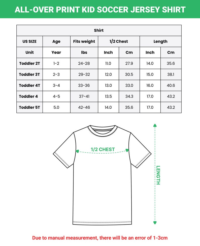 K&ouml;nnte beinhalten: Wei&szlig;es Kleinkind-Fu&szlig;balltrikot mit Gr&ouml;&szlig;entabelle. Die Tabelle zeigt Ma&szlig;e in Zentimetern f&uuml;r Brust und L&auml;nge sowie Gewicht in Kilogramm. Das Shirt tr&auml;gt den Text "ALL-OVER PRINT KID SOCCER JERSEY SHIRT".