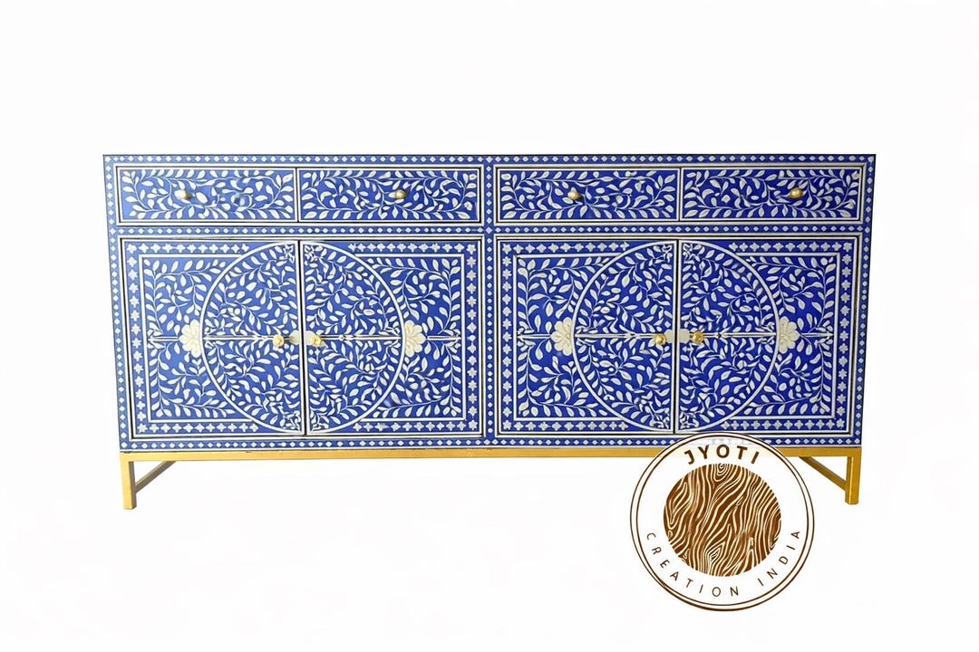 Blue Floral Bone Inlay Sideboard Cabinet | Handmade Indian Inlay Buffet ...