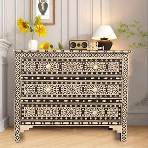 Black Floral Bone Inlay Chest of Drawers: Handcrafted Mango Wood Sideboard