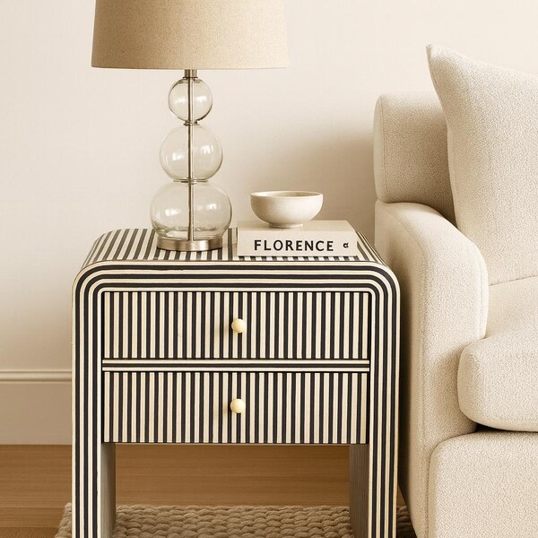 Handmade Black & White Striped Bone Inlay Bedside Table | 2 Drawer Modern Nightstand