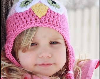 Owl Earflap Hat--Crochet Pink Ear Flap Hat--Any Size