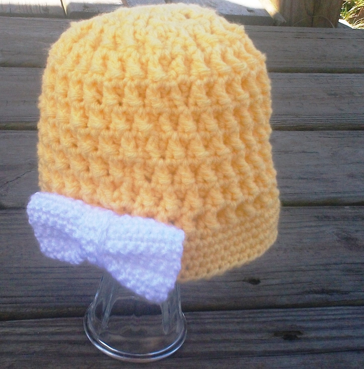 Yellow Crochet Hat With White Bowtextured Hat Cap Beanieany Size Etsy