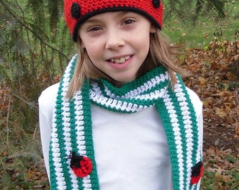 Girls Ladybug Hat and Scarf Set--Any Size