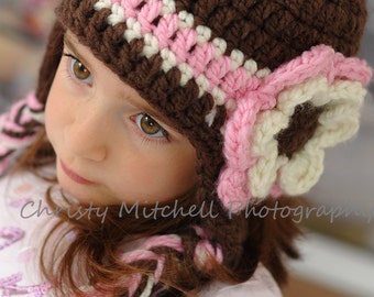 Earflap Hat with Chunky Flower--Brown, Pink, and Ivory--Any Size