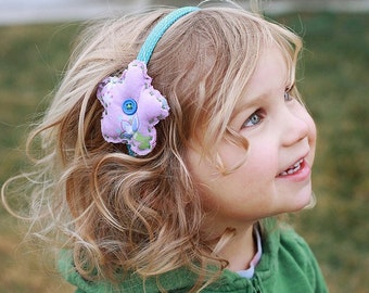 Shabby Chic Headband--Purple and Aqua --Handmade Quilted Recycled Repurposed Fabric Flower
