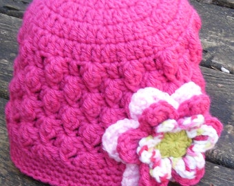 Bright Pink Crochet  Beanie Hat Cap Cloche with Crochet Flower