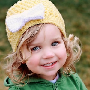 Gele gehaakte hoed met witte boog --getextureerde hoed cap beanie--elke grootte