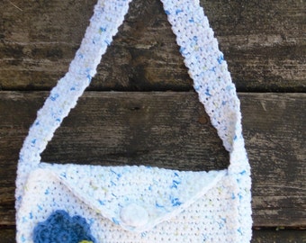 Girls Crochet Purse--White with Blue and Green Flowers