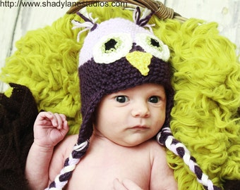 Owl Earflap Hat--Crochet Purple and Lavender Ear Flap Hat--Any Size