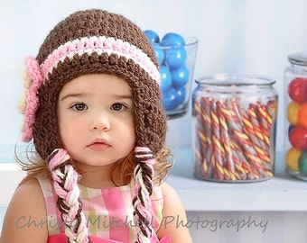 Earflap Hat with Chunky Flower--Brown, Pink, and Ivory--Any Size