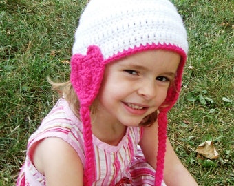 Crochet Heart Earflap Hat--White and Pink