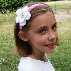 Pink Crochet Stretch Headband with Adjustable Crochet White and Yellow Flower--Any Size