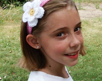 Pink Crochet Stretch Headband with Adjustable Crochet White and Yellow Flower--Any Size