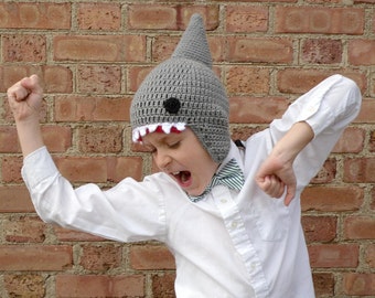 Crochet Shark Hat, Ear Flap Hat, Beanie