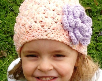 Crochet Pastel Peach Textured Beanie with Lavender Flower