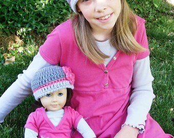 Matching Girl and 18 inch Doll Beanie--Crochet Hats with Flowers--Any Size Made to Order