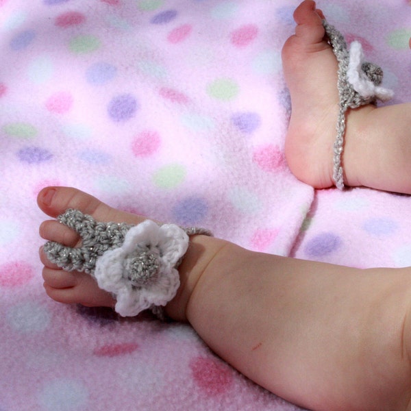 Barefoot Baby Sandals--Crochet Silver and White