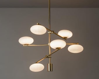 Modern Brass Chandelier – 6-Light Frosted Glass Pendant Light – Mid-Century Fixture
